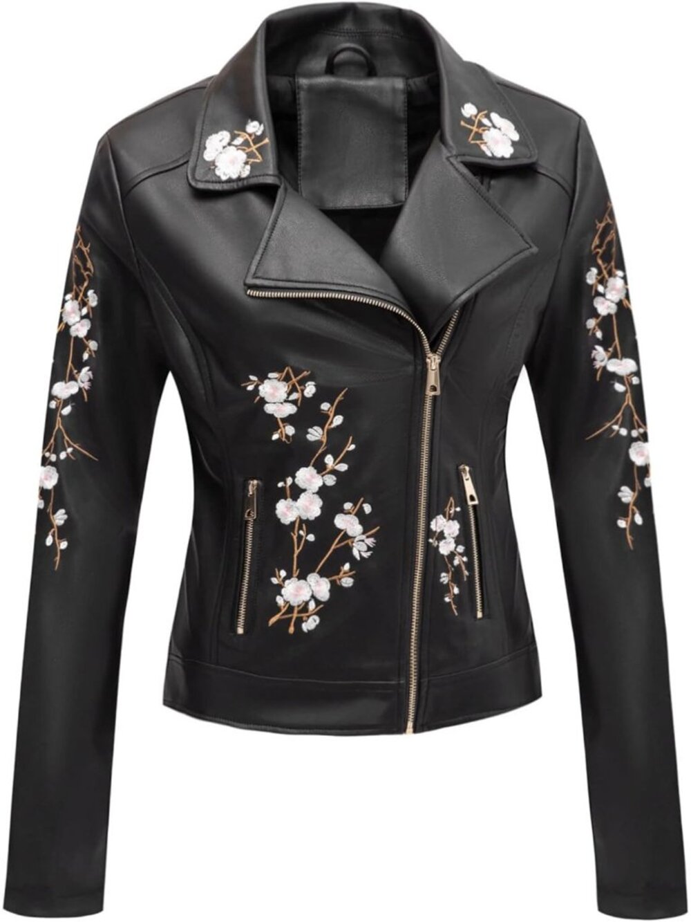 Women's Black Faux Leather Jacket Slim Spring Fall Pockets Floral Moto Coat